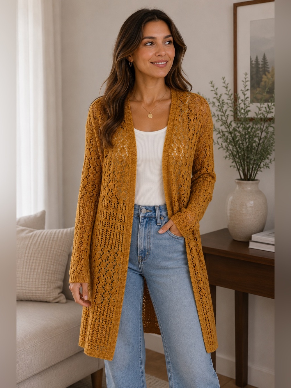 Moral Fiber Mustard Yellow Open Front Crochet Cardigan Size L Knit Fall Boho